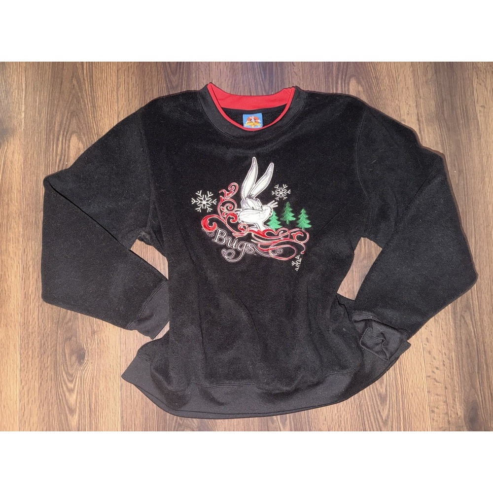 Vintage Looney Tunes Embroidered Bugs Bunnt Black Fleece Christmas Sweatshirt